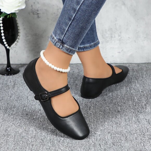 Black Cushioned Insole Classic Mary Jane Ballet Flat Adjustable Ankle Strap - Picture 4 of 11